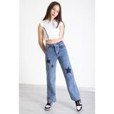 Cansın Mini Mavi Beli Lastikli Geniş Paça Kız Çocuk Payetli Jean Pantolon 20320