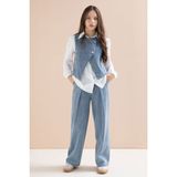 Cansın Mini Mavi Düğmeli Jean Yelekli ve Pantolonlu Kız Çocuk Gömlekli 3lü Takım 23598 - 14 - 15 Yaş