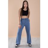 Cansın Mini Mavi Geniş Paça Desenli Kız Çocuk Beli Lastikli Jean Pantolon 20274