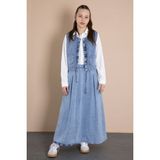 Cansın Mini Mavi Jean Etekli Sıfır Kol Yelekli Kız Çocuk Gömlekli 3lü Takım 23916 - 12 - 13 Yaş