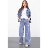 Cansın Mini Mavi Kelebek Nakışlı Düğmeli Ceketli Pantolonlu Kız Çocuk Jean Takım 23446 - 6 - 7 Yaş