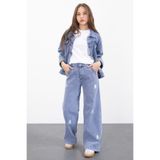Cansın Mini Mavi Kelebek Nakışlı Düğmeli Ceketli Pantolonlu Kız Çocuk Jean Takım 23446