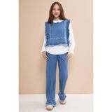 Cansın Mini Mavi Nakışlı Jean Süveterli Püsküllü Pantolonlu 3lü Kız Çocuk Jean Takım 23483 - 11 - 12 Yaş