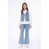 Cansın Mini Mavi Püsküllü Jean Yelekli Fularlı Gömlekli Kız Çocuk 3lü Pantolonlu Takım 23767 - 9 - 10 Yaş