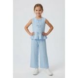 Cansın Mini Mavi Sıfır Kol Fiyonklu Bluz Geniş Paça Pantolonlu Kız Çocuk 2li Takım 24713 - 5 - 6 Yaş