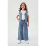 Cansın Mini Mavi Sıfır Kol Jean Yelekli Geniş Paça Pantolonlu Nakışlı Kız Çocuk 3lü Takım 24019 - 5 - 6 Yaş