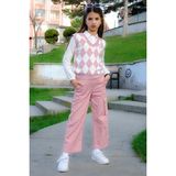 Cansın Mini Pembe Baklava Desenli Süveterli Gömlekli Kız Çocuk 3lü Takım 20534 - 11 - 12 Yaş