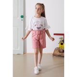 Cansın Mini Pembe Çiçek Baskılı Kuşaklı Şortlu Kız Çocuk Takım 18899 - 5 - 6 Yaş