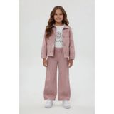 Cansın Mini Pembe Çiçek Nakışlı Ceketli Geniş Paça Pantolonlu Kız Çocuk 3lü Takım 24115