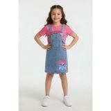 Cansın Mini Pembe Çiçekli Karakter Baskılı Badili Jean Salopetli Kız Çocuk Takım 24081 - 2 - 3 Yaş