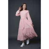 Cansın Mini Pembe Kız Çocuk Dantel Detaylı Çift Yaka Puantiyeli Uzun Elbise 24754 - 13 - 14 Yaş