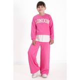 Cansın Mini Pembe London Yazılı Nakışlı Kız Çocuk Geniş Paça Eşofman Takımı 22724