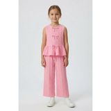 Cansın Mini Pembe Sıfır Kol Fiyonklu Bluz Geniş Paça Pantolonlu Kız Çocuk 2li Takım 24712 - 13 - 14 Yaş