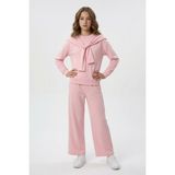 Cansın Mini Pembe Taşlı Fular Detaylı Badili Geniş Paça Pantolonlu Kız Çocuk Takım 24704 - 10 - 11 Yaş