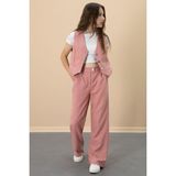 Cansın Mini Pembe V Yaka Düğmeli Yelekli Geniş Paça Pantolonlu Kız Çocuk 2li Takım 20724 - 10 Yaş