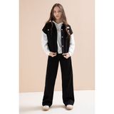 Cansın Mini Siyah Düğmeli Sıfır Kol Yelekli Geniş Paça Pantolonlu Kız Çocuk Kapüşonlu 3lü Takım 23602 - 9 - 10 Yaş