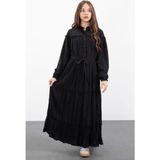 Cansın Mini Siyah Kolları Büzgülü Kuşaklı Kız Çocuk Uzun Elbise 23398 - 10 - 11 Yaş