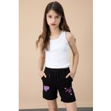 Cansın Mini Siyah Patili Cute Baskılı Kız Çocuk Beli Lastikli Şort 20726