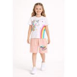 Cansın Mini Somon Unicorn Baskılı Simli Kız Çocuk Tişörtlü Şortlu Takım 23796
