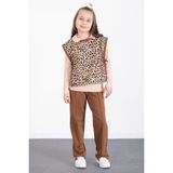 Cansın Mini Taba Leopar Desenli Süveterli Badili Kız Çocuk Pantolonlu 3lü Takım 20528 - 4 - 5 Yaş