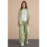 Cansın Mini Yeşil Çizgi Desen Gömlekli Geniş Paça Pantolonlu Badili Kız Çocuk 3lü Takım 24079 - 13 - 14 Yaş