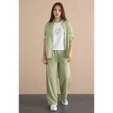 Cansın Mini Yeşil Çizgi Desen Gömlekli Geniş Paça Pantolonlu Badili Kız Çocuk 3lü Takım 24079