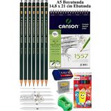 Canson Eskiz Defteri A5 40 Yaprak Fatih Dereceli Kalem 12 Renk Kuru Boya Sketch Karakalem 6 Lı Gölgelendirme Hamur Silgi - Standart - Çok Renkli