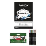 Canson Graduate A4 Siyah Blok 120 Gr 20 Yaprak Derwent 98212 Academy Metalik Marker Kalem Seti 8'Li