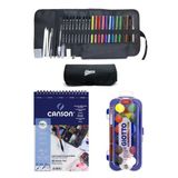 Canson Resim Defteri Mix Media A5 200 Gr Faber Giotto Suluboya 23 Mm 12'Li Rulo Çantalı Set