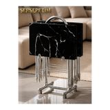 ÇANTA SEHPA 4'lü Katlanır TEMPERLİ CAM SİYAH MERMER Desen Çanta Zigon Sehpa Krom Ayak SİYAHMERMER451254713845