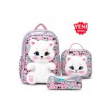 Çanta Trend Çocuk İlkokul Çantası 3’lü Set Peluş Detaylı Sırt Çantası Beslenme Çantası Kalemlik