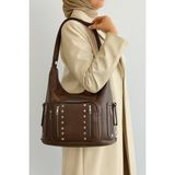 Çanta Trend Yumuşak Suni Deri Kahverengi El Omuz ve Sırt Kullanımına Uygun Kadın Çanta 34*41 cm - 34 x 41 cm - Acı Kahverengi