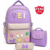 Çantaland 3’lü Ilkokul Çanta Seti Kız Çocuk Sırt Çantası + Içi Folyolu Beslenme Çantası + Kalemlik - Mor - Yükseklik: 38 cm, Genişlik 30cm, Taban Derinliği 20 cm