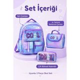 Çantaland 3’lü Okul Çantası Seti, Isı Yalıtımlı Beslenme Çantası ve Çift Bölmeli Kalemlik - Sırt Çantası - Mor - Yükseklik: 42 cm, Genişlik 30cm, Taban Derinliği 20 cm