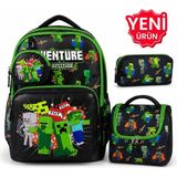 Çantaland 4’lü Set, Erkek Çocuk Desenli Ilkokul Okul Çantası + Beslenme Çantası + Kalemlik + Silgilik - Tek Adet - Siyah - Yeşil