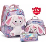 Çantaland Kız Çocuk Ilkokul Çantası 3’lü Set Peluş Detaylı Sırt Çantası Beslenme Çantası Kalemlik - Lila - Yükseklik: 38 cm, Genişlik 28cm, Taban Derinliği 17 cm