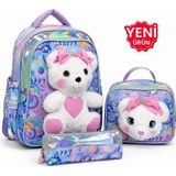 Çantaland Kız Çocuk Ilkokul Çantası 3’lü Set Peluş Detaylı Sırt Çantası Beslenme Çantası Kalemlik - Mavi - Yükseklik: 38 cm, Genişlik 28cm, Taban Derinliği 17 cm