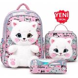 Çantaland Kız Çocuk Ilkokul Çantası 3’lü Set Peluş Detaylı Sırt Çantası Beslenme Çantası Kalemlik - Pembe - Yükseklik: 38 cm, Genişlik 28cm, Taban Derinliği 17 cm