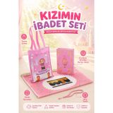 Çantalı Kız Çocuk İbadet Seti Pembe Kabe Motifli İsimli Seccade Orta Boy Kuranı Kerim Tesbihli