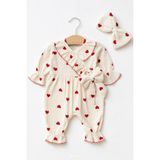 Cantoy Kız Bebek Kalp Desenli Fırfırlı Müslin Tulum Seti - Kırmızı - 3-6 M