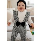 Cantoy Kız Bebek Kazayağı Desenli Fırfırlı Salopet Takım - Siyah - Beyaz - 9 - 12 Ay