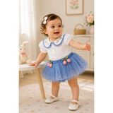 Cantoy Kız Bebek Lale Nakışlı Müslin Bluz ve Puantiyeli Tütülü Etek Takımı - 2 Yaş - 01-Mavi