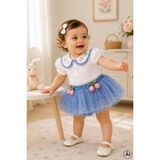 Cantoy Kız Bebek Lale Nakışlı Müslin Bluz ve Puantiyeli Tütülü Etek Takımı - 9 Ay - 01-Mavi