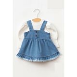Cantoy Kız Bebek Püsküllü Kot Jile Elbise Lüks Jean Takım Balon Bluz Şık Silüet Modern Stil - Açık Mavi - 12 - 18 Ay
