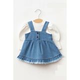 Cantoy Kız Bebek Püsküllü Kot Jile Elbise Lüks Jean Takım Şık Silüet ve Modern Stil - Açık Mavi - 3 - 6 Ay