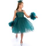 Cantoy Ponpon Kollu Kız Çocuk Doğum Günü Parti Elbisesi Özel Gün Kıyafeti - Zümrüt Yeşil - 5 Yaş