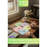 Canvela 20 Adet 5 Adet Pastel Renkler 13X18 Zarf (Açık Sarı, Açık Mavi, Lila, Açık Yeşil, Pembe) ve Çiçek Gold Mühür 2d Sticker Hediyeli - Çok Renkli