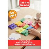 Canvela 50 Adet 7x9 cm 10 Farklı Renk Zarf Kalp Çiçek Kelebek Kilitli Mini Hediye Zarfı ve Kart Seti - Çok Renkli