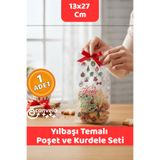 CANVELA Yılbaşı Yeni Yıl Temalı 13x27,5 Cm Opp Yapışkansız Poşet ve Kurdele Seti Kurabiye Çikolata Şeker Hediye Poşeti Bantsız Şeffaf Poşet