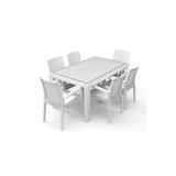 Capissi Camlı Rattan Masa Takımı 80X140 Camlı Rattan Masa 6 Kişilik Sandalye Takımı Beyaz